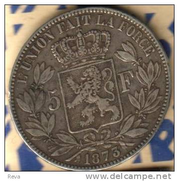 BELGIUM 5 FRANCS EMBLEM  FRONT  LEOPOLD II MAN  BACK 1873  AG SILVER KM24 READ DESCRIPTION CAREFULLY !!! - 5 Francs