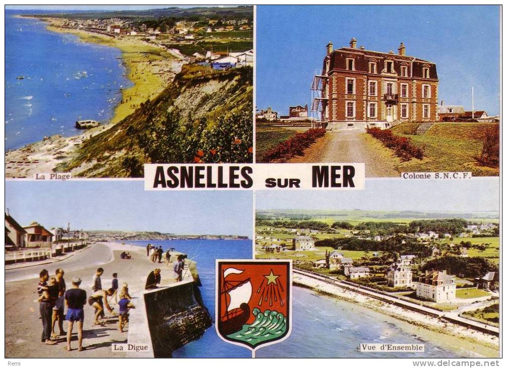 CP 14 ASNELLES Sur MER Colonie SNCF, Plage Caisson Du Débarquement, Digue, Vue D'ensemble MULTIVUES Avec BLASON - Autres & Non Classés