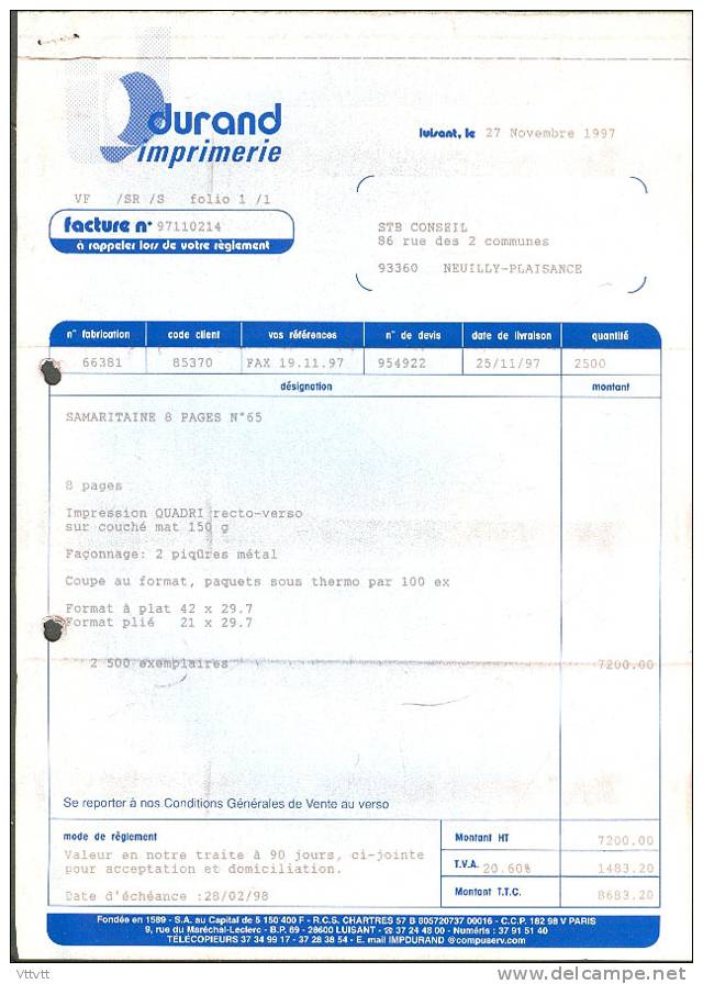 Facture Imprimerie Durand (28- Chartres) : Catalogue Samaritaine (Novembre 1997), 8 Pages, Quadri, Façonnage, Coupe... - Druck & Papierwaren