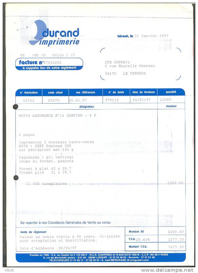 Facture Imprimerie Durand (28- Chartres) : Natio Assurance N° 14 (Janvier 1997), 4 Pages, 2 Couleurs, Façonnage... - Bank & Insurance