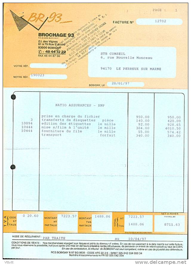 Facture Brochage 93 (93- Bobigny) : Natio Assurance BNP (Janvier 1997), Fichier, Etiquettes, Film, Disquettes... - Bank & Versicherung