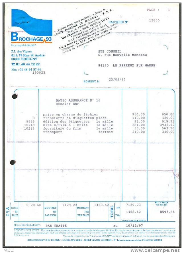 Facture Brochage 93 (93- Bobigny) : Natio Assurance BNP N° 16 (Septembre 1997), Fichier, Etiquettes, Film, Disquettes... - Bank En Verzekering