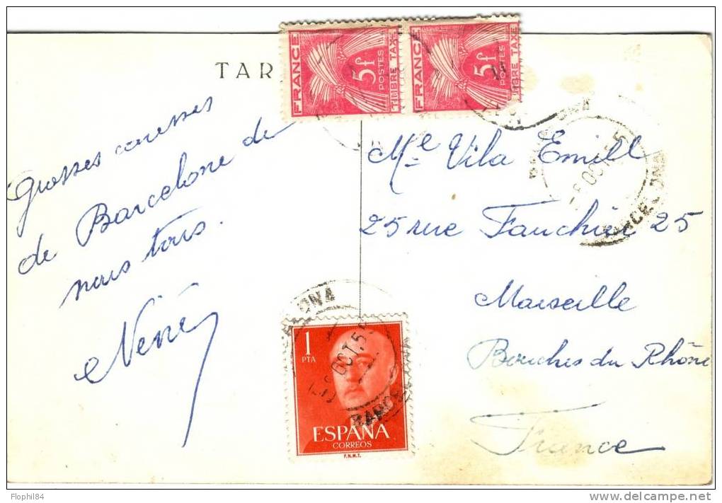 ESPAGNE-TAXE GERBE 5+5F / CARTE¨POSTALE 5-10-1955 - CARTE POSTALE DE BARCELONE - 1859-1959 Lettres & Documents
