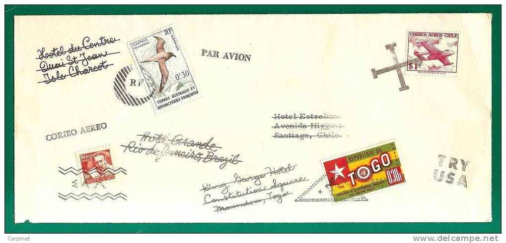 FLIGHT Around The WORLD PHILATELIC COVER - CHILE - BRAZIL - TOGO - TERRES AUSTRALES ET ANTARTIQUES FRANCAISES - FAUNA - - Fehldrucke