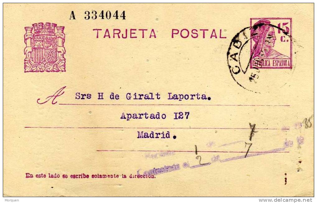 Entero Postal 1935   CADIZ. Republica - 1931-....