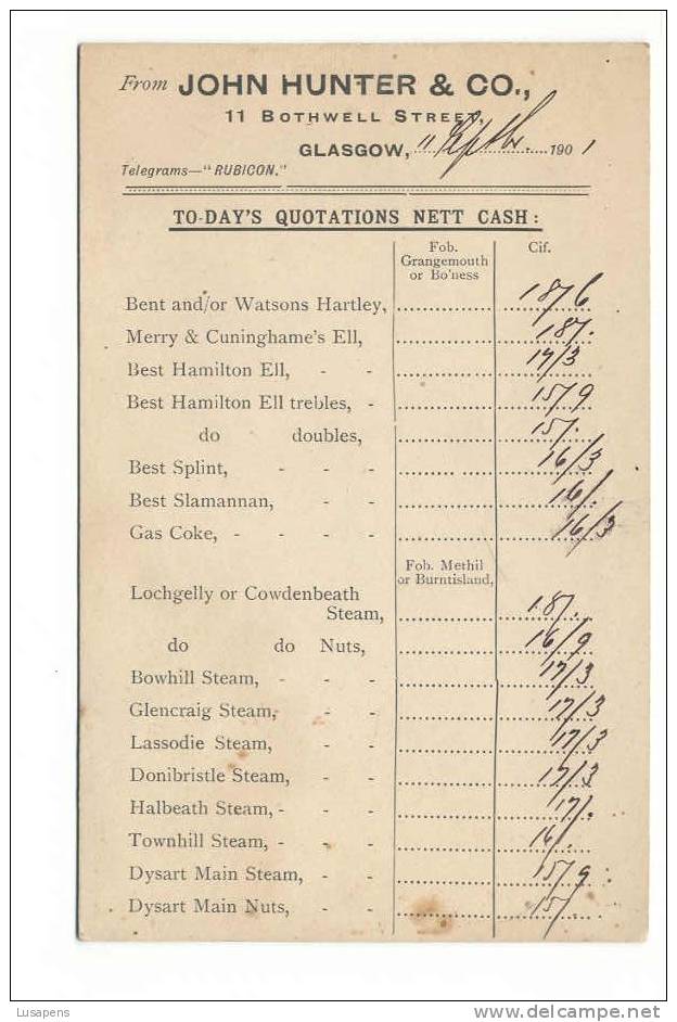 OLD FOREIGN 0839 - GLASGOW -JOHN HUNTER & CO 11 BOTHWELL STREET PUBLICITY 1901 - Lanarkshire / Glasgow