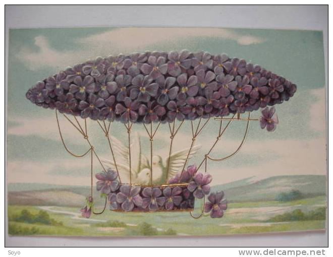 Dirigeable Zeppelin Surrealisme Colombes Violettes  Gaufrée Embossed - Dirigeables