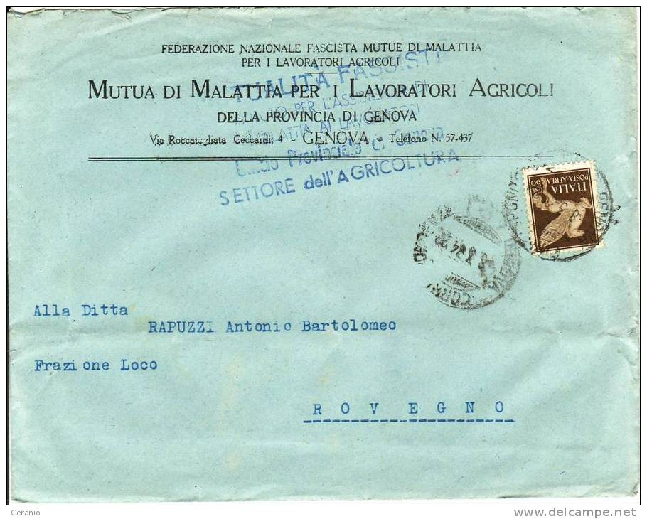 STORIA POSTALE REGNO MUTUA AGRICOLTORI GENOVA - Oblitérés