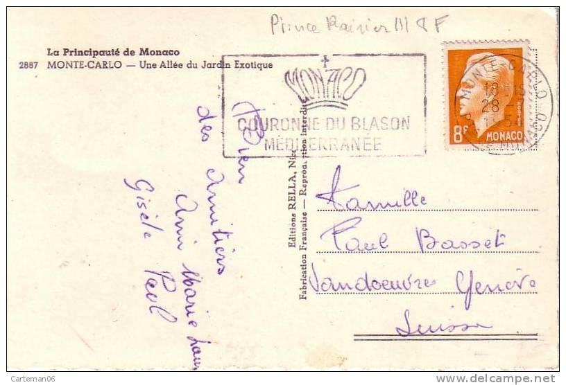 Timbre Sur Carte Monaco  -  8 F Orange Prince Rainier III  (cachet Monte-Carlo 1954) - Marcophilie