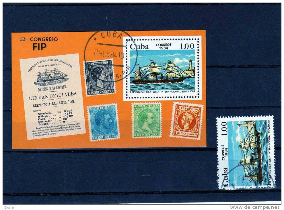 ESPANA 1984 Madrid Postdampfer Kuba 2855+Block 82 O 8€ Briefmarken Stamp On Stamps Hoja Bloc Philatelic Ss Sheet Bf Cuba - Blokken & Velletjes