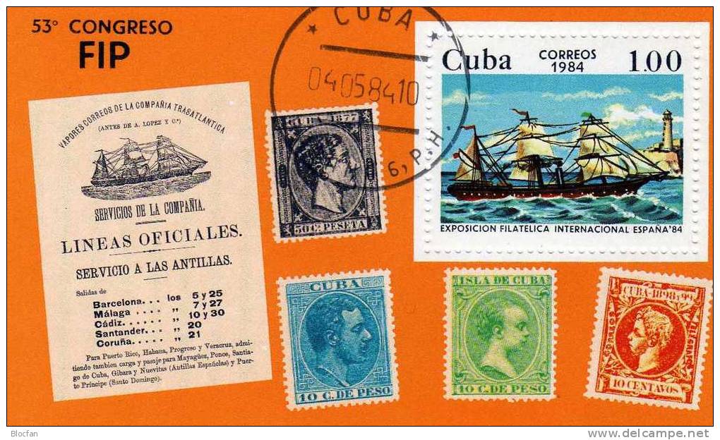ESPANA 1984 Madrid Postdampfer Kuba 2855+Block 82 O 8€ Briefmarken Stamp On Stamps Hoja Bloc Philatelic Ss Sheet Bf Cuba - Blocks & Sheetlets