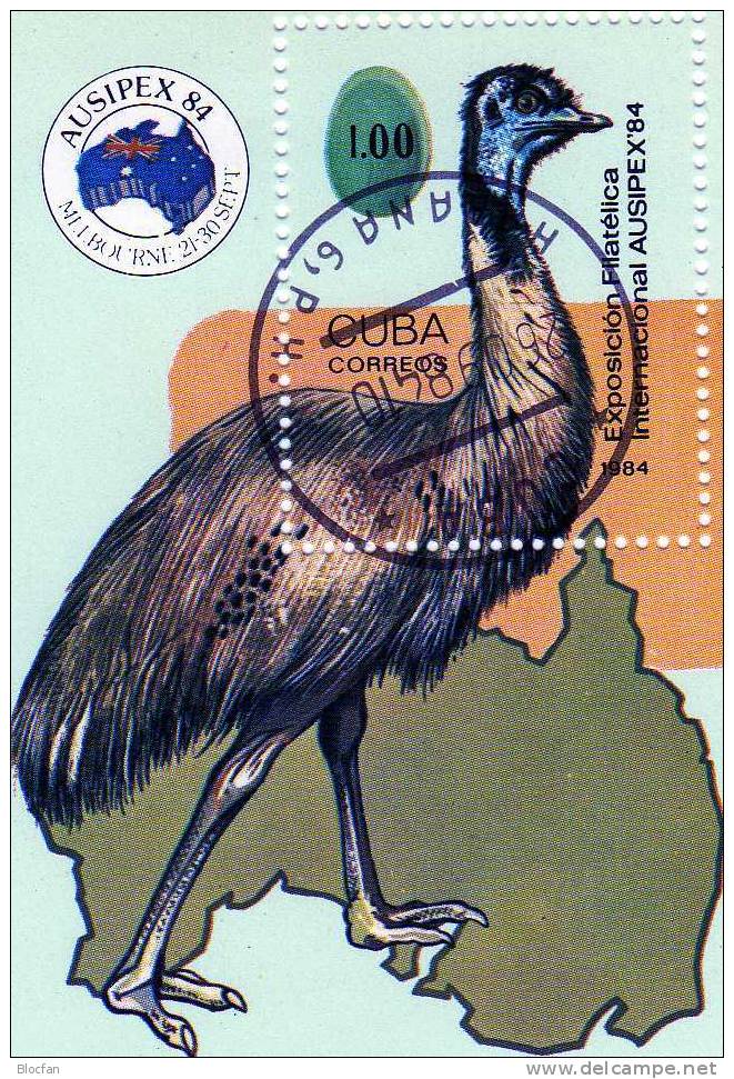 AUSIPEX Melbourne 1984 Laufvogel Kuba 2855+Block 85 O 9€ Emu Bloque Hojita Fauna Bloc Philatelic M/s Bird Sheet Bf Cuba - Blocs-feuillets