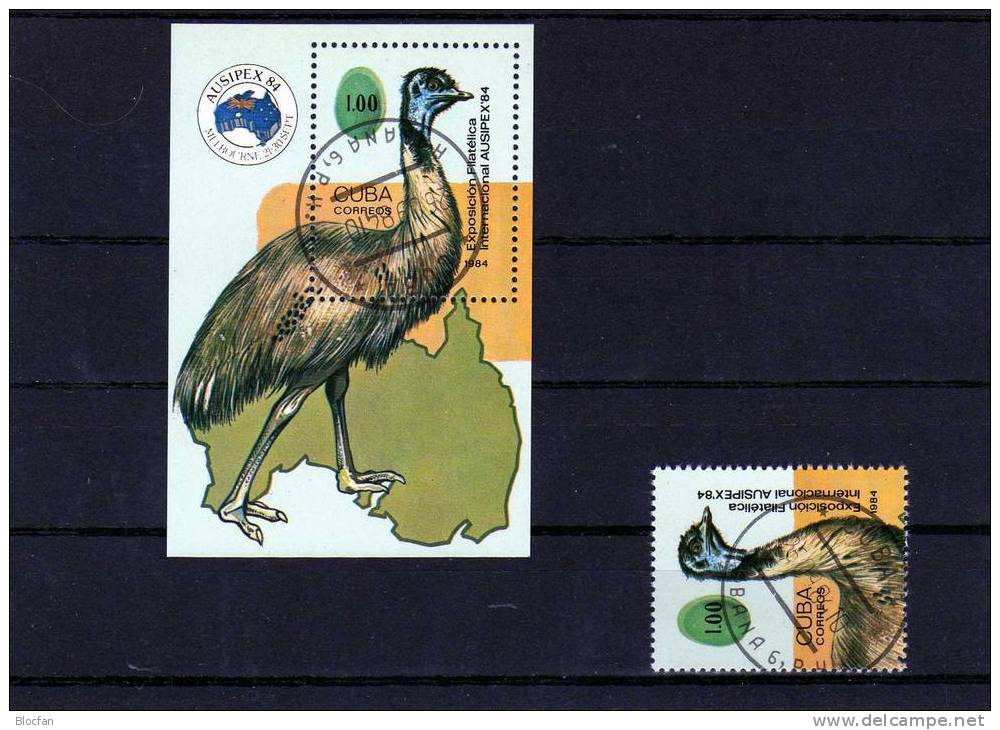 AUSIPEX Melbourne 1984 Laufvogel Kuba 2855+Block 85 O 9€ Emu Bloque Hojita Fauna Bloc Philatelic M/s Bird Sheet Bf Cuba - Blocchi & Foglietti