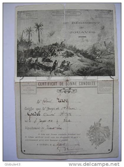 Certificat De Bonne Conduite 2em Régiment Des Zouaves Signé Par Le Colonel LEROY En 1932 - Ohne Zuordnung