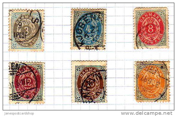 DENMARK-1875- 3ore,4 Ore, 8 Ore, 12ore, 16 Ore ,100 Ore - Catalog £14.00 - See Photo - Used Stamps