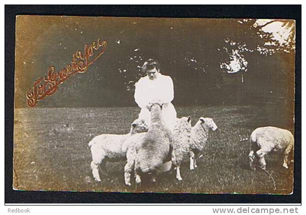 Early Real Photo Postcard Religious Brother Monk Abbot Feeding Sheep Overprinted With Greetings Message - Ref 217 - Other & Unclassified