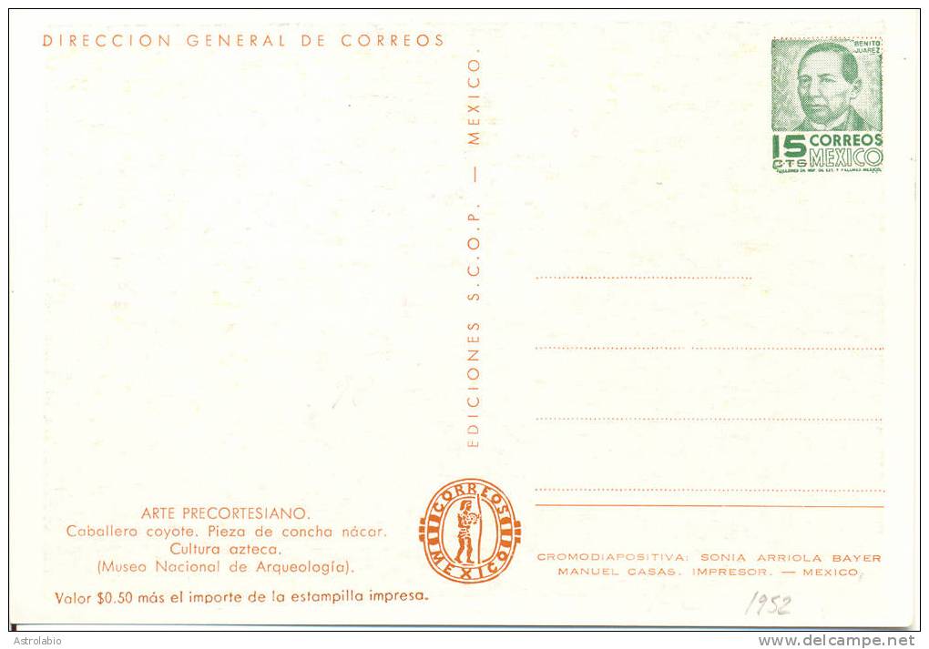 Caballero Coyote, Aztecas 1952 Entier Postal Mexico Stationnery - Indiens D'Amérique