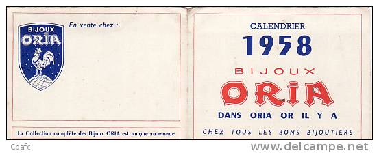 Calendrier Bijoux Oria Année 1958 - Tamaño Pequeño : 1941-60