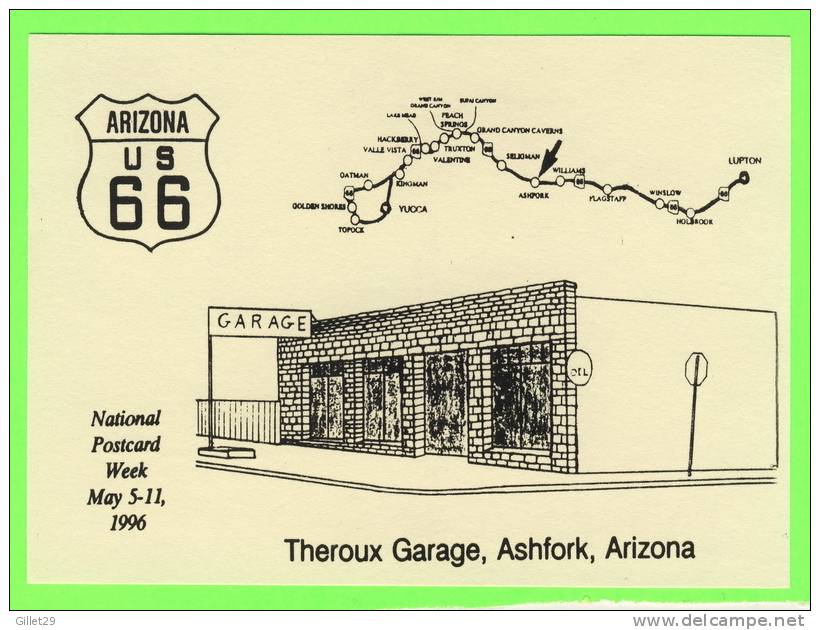 ASHFORK, AZ. - THEROUX GARAGE - NATIONAL POSTCARD WEEK,1996 - U.S. 66 - JACK D. MOUNT - - Autres & Non Classés