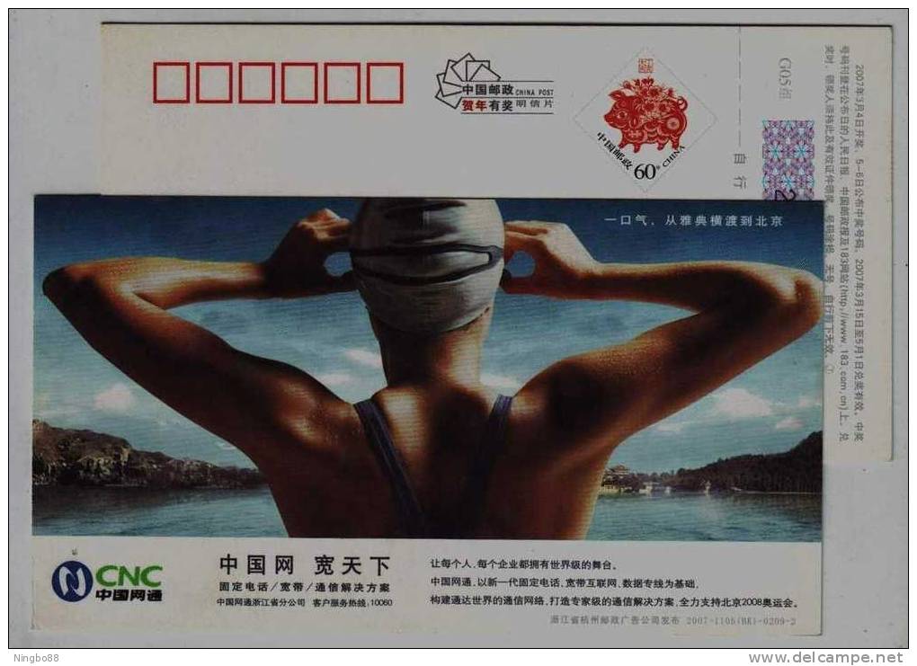 Swimming Player,From Athens To Beijing,China 2007 CNC The Sponsor For 2008 Olympic Game Advert Postal Stationery Card - Schwimmen