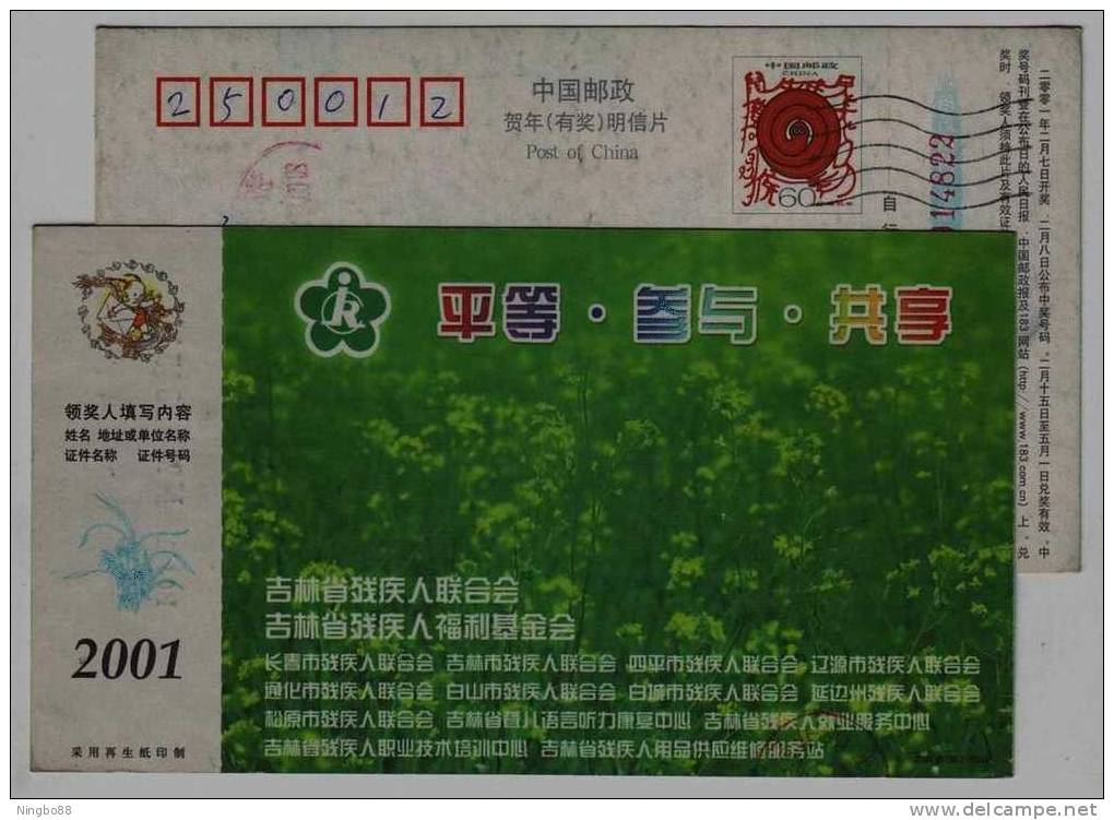 Equality, Participation,sharing,bullheaded Life,CN01 Jilin Association For The Handicapped Advertising Pre-stamped Card - Handicaps