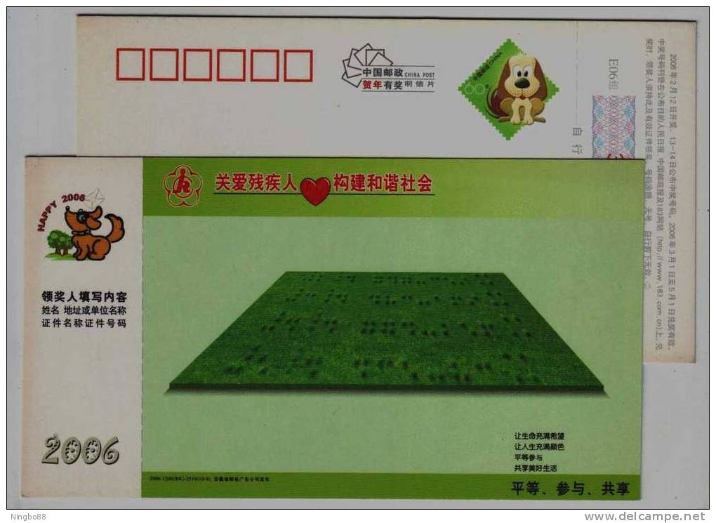 Equality, Participation,sharing,China 2006 Care Disabled Persons For Harmonious Society Advertising Pre-stamped Card - Handicap