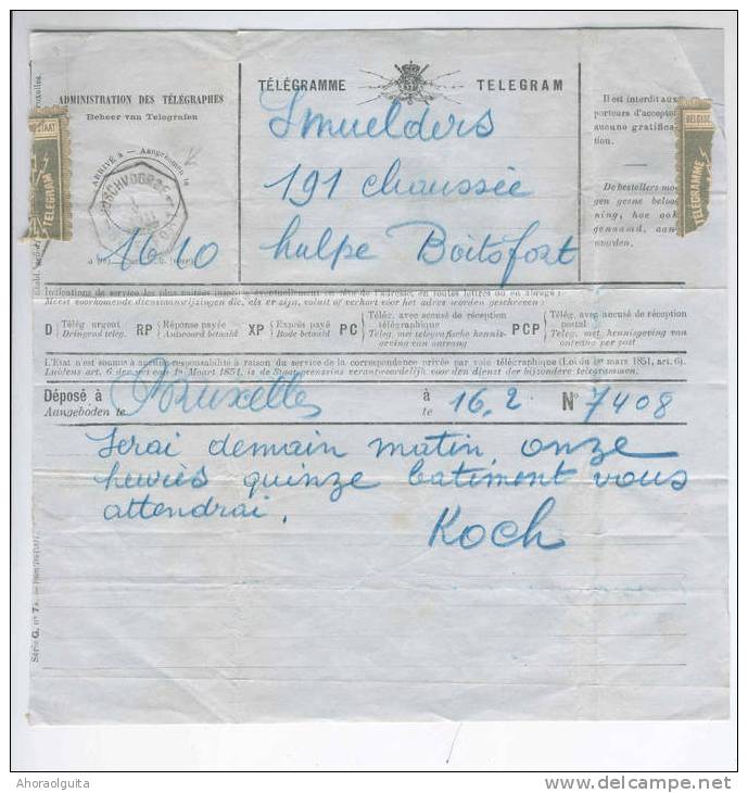 TELEGRAMME Cachet Télégraphique Octogonal Bilingue BOITSFORT 1911  --  B0/001 - Telegraafzegels [TG]