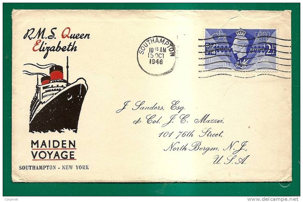 UK - R.S.M. QUEEN ELIZABETH - 1946 MAIDEN VOYAGE COVER From Southampton To New York - Maritime