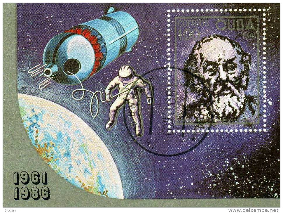 Tag Der Kosmonautik 1986 Kuba 3011 Plus Block 94 O 7€ Forscher Ziolkowski Flug Im All Hoja M/s Bloc Space Sheet Bf Cuba - Airmail