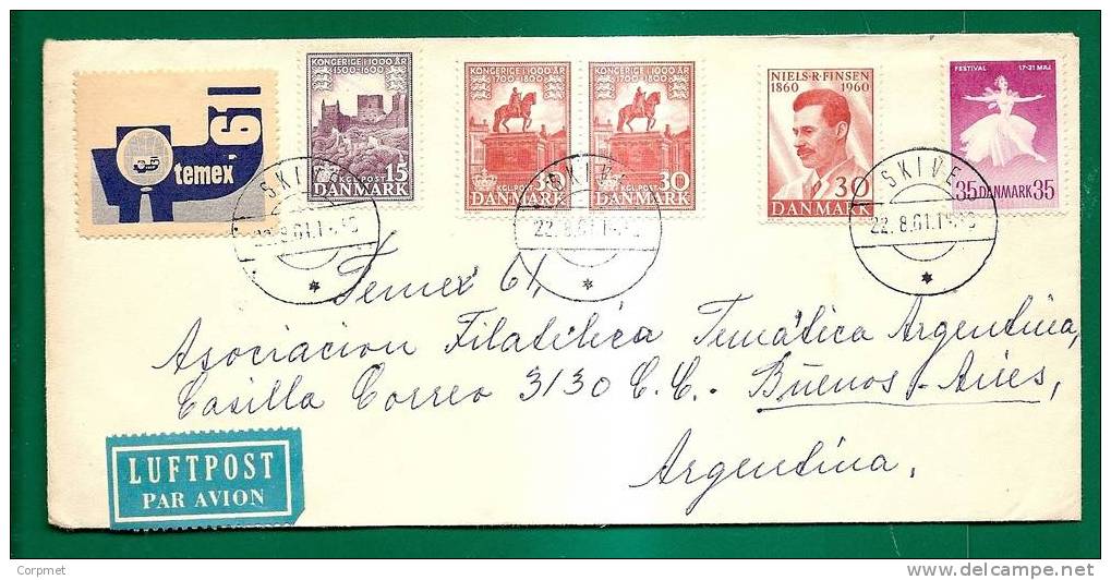 DENMARK - VF 1961 PROFUSE FRANKING (5 Stampa + 2 Vignettes) From SKIVE To ARGENTINA - At Back SKIVE Closing VIGNETTE Map - Lettres & Documents