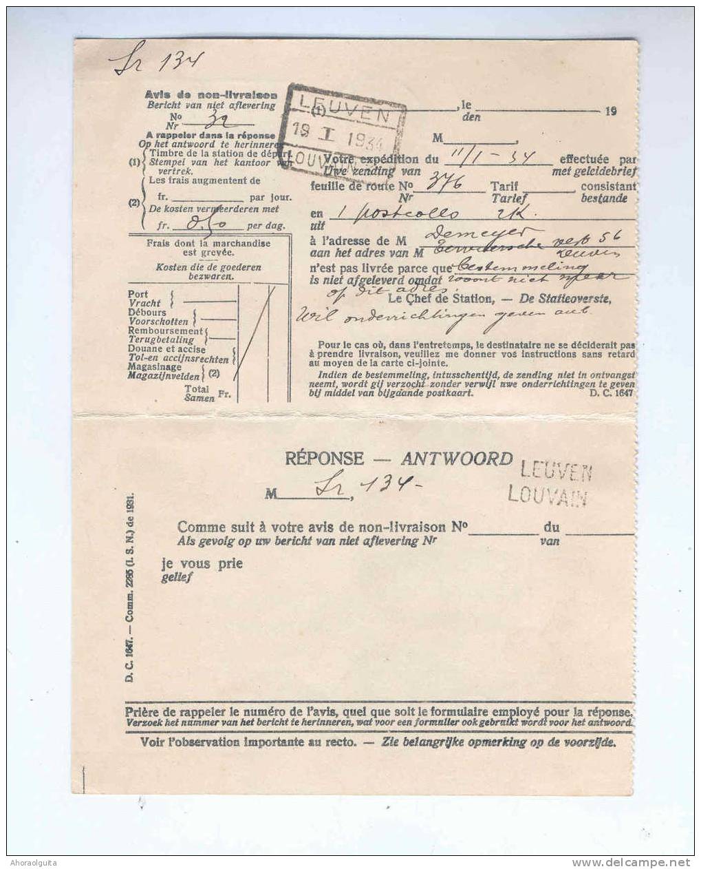 Carte Double Des Chemins De Fer TP SERVICE Lion Héraldique LEUVEN 1934 - Verso Cachet  Et Griffe De Gare   --  B0/013 - Andere & Zonder Classificatie