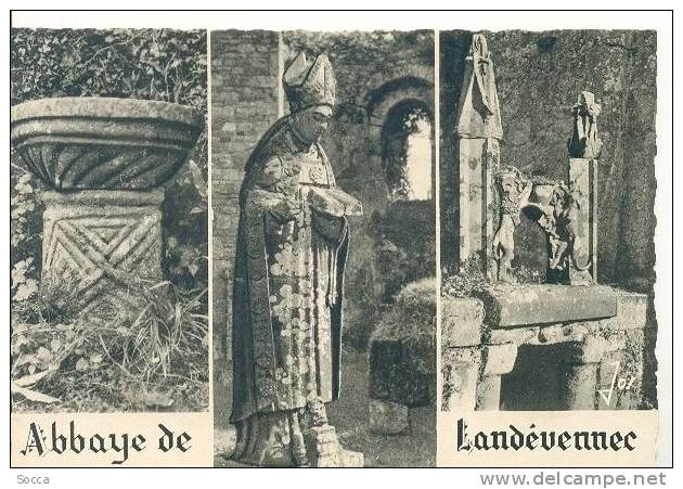 Abbaye De LANDEVENNEC - Statue De St Guénolé Et Vieilles Pierres De L´église Abbatiale -bénitier Orné Des Armes De Rohan - Landévennec
