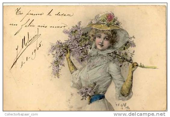 VINTAGE POSTCARD POSTAL Ca1900 ARTIST SIGNED WOMAN - Otros & Sin Clasificación