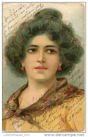 VINTAGE POSTCARD POSTAL Ca1900 ARTIST SIGNED WOMAN SPAIN ART - Otros & Sin Clasificación