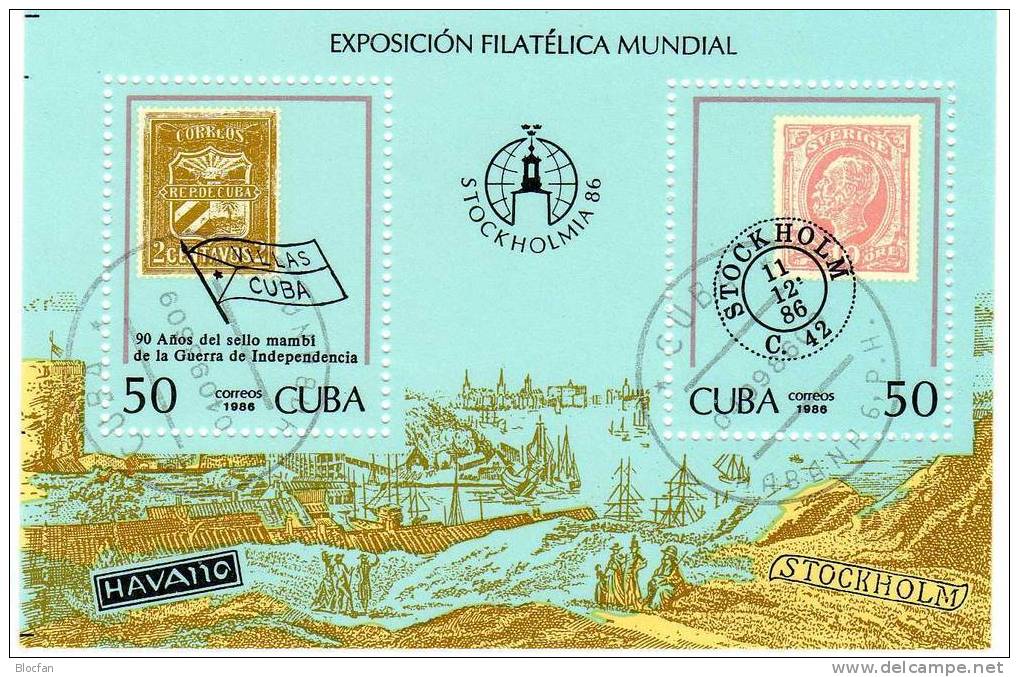 STOCKHOLMIA 1986 Schweden Historische Marke Kuba 3033/4 + Block 96 O 10€ M/s Stamp On Stamp Bloc Historic Sheet Of Cuba - Gebruikt