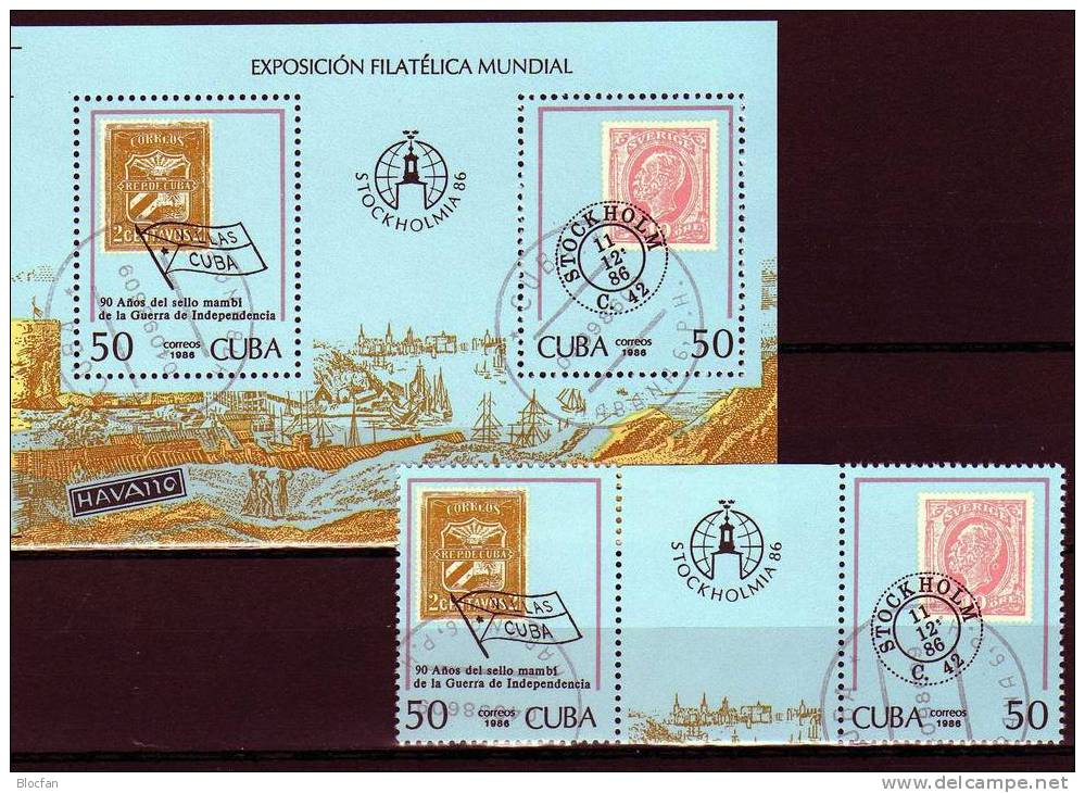 STOCKHOLMIA 1986 Schweden Historische Marke Kuba 3033/4 + Block 96 O 10€ M/s Stamp On Stamp Bloc Historic Sheet Of Cuba - Gebruikt