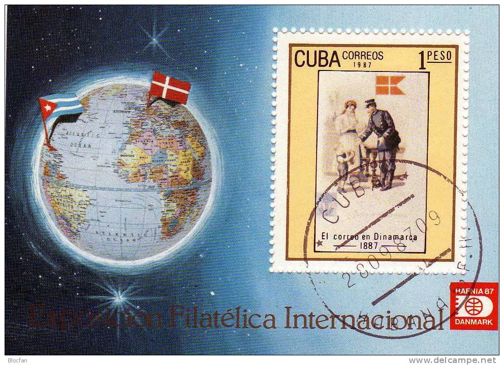HAFNIA 1987 Kopenhagen Postzustellung Dänemark Kuba 3118+Block 100 O 7€ Blocchi M/s Globus Bloc Philatelic Sheet Bf Cuba - Luftpost