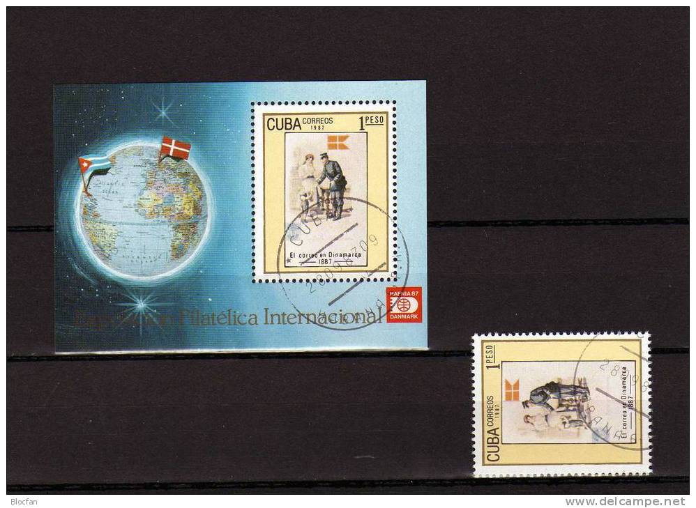 HAFNIA 1987 Kopenhagen Postzustellung Dänemark Kuba 3118+Block 100 O 7€ Blocchi M/s Globus Bloc Philatelic Sheet Bf Cuba - Luftpost