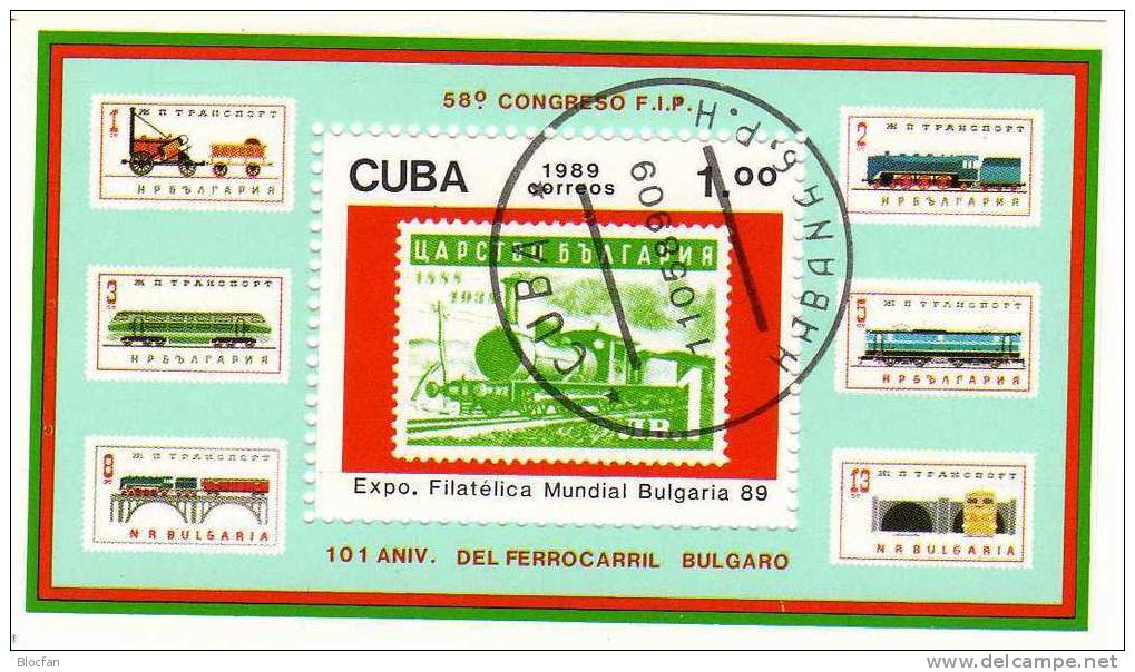 BULGARIA 1989 Sofia Briefmarken Eisenbahn Kuba 3288 Plus Block 115 O 7€ Blocchi M/s Philatelic Bloc Train Sheet Bf Cuba - Oblitérés