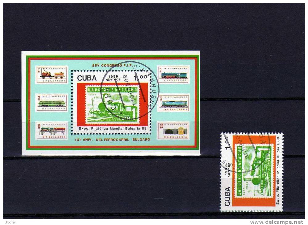 BULGARIA 1989 Sofia Briefmarken Eisenbahn Kuba 3288 Plus Block 115 O 7€ Blocchi M/s Philatelic Bloc Train Sheet Bf Cuba - Gebraucht