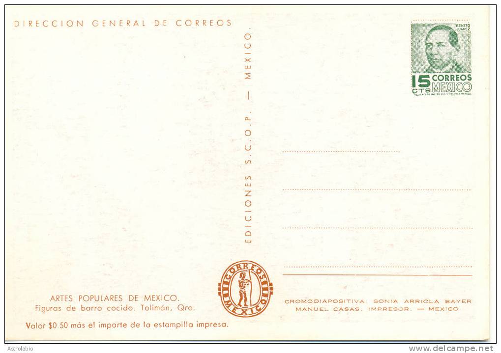 Figura De Barro Cocido, Tolimán 1952 Mexico Entier Postal Stationnery. Voir 2 Scan - Porselein