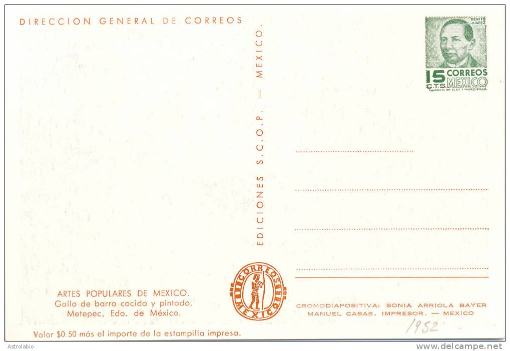 Gallo De Barro Cocido Y Pintado. Metepec 1952 Mexico Entier Postal Stationnery. Voir 2 Scan - Porcelaine