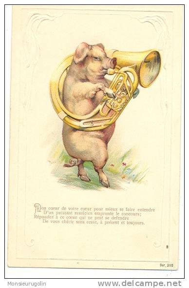 COCHONS )) PETIT COCHON MUSICIEN, ( Trombone ), Gauffrée Série 205 - Cochons