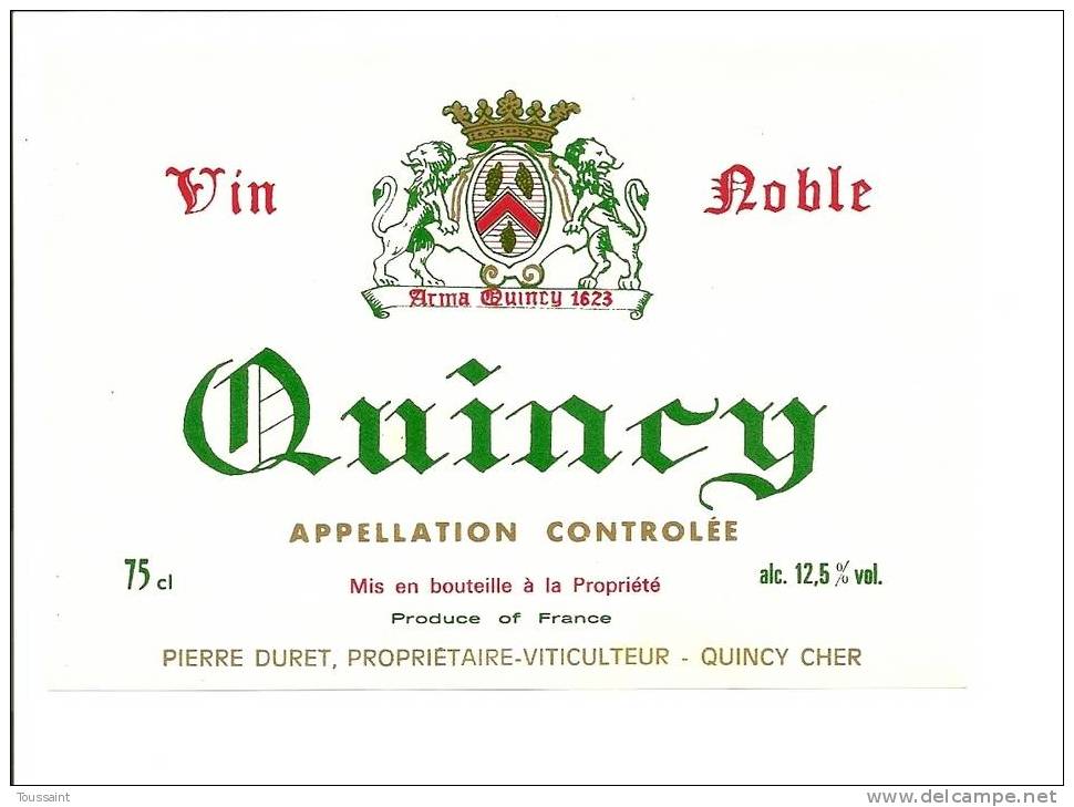 Etiquette De Vin: Quincy, Pierre Duret Propriétaire Viticulteur, Quincy, Cher (08-2402) - Autres & Non Classés