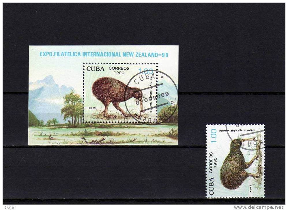 NEW ZEALAND 1990 Auckland Kiwi Vogel Kuba 3412 Plus Block 122 O 8€ Blocchi Hojita M/s Philatelic Bloc Bird Sheet Bf Cuba - Oblitérés