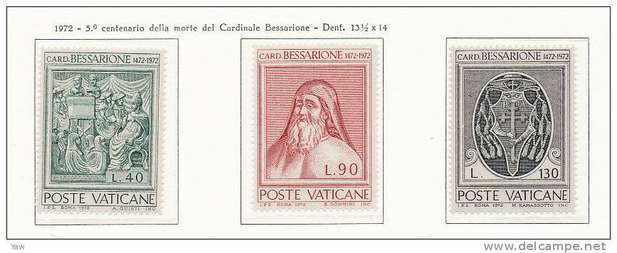 VATICANO 1972  CARDINALE BESSARIONE. SERIE COMPLETA MNH** - Neufs