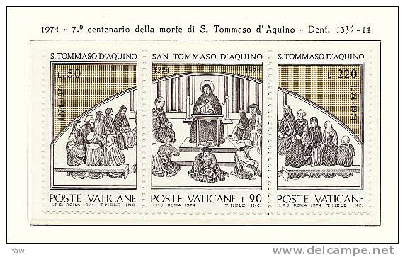 VATICANO 1974  SAN TOMMASO D´AQUINO. SERIE COMPLETA IN TRITTICO MNH** - Ungebraucht