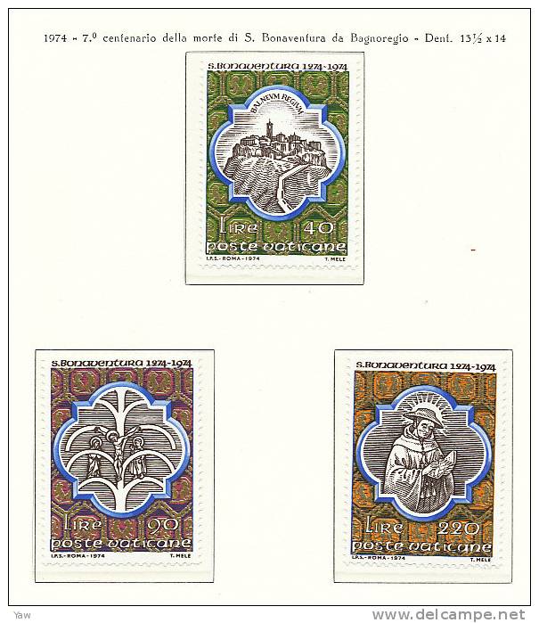 VATICANO 1974  SAN BONAVENTURA: 7° CENTENARIO DELLA MORTE . SERIE COMPLETA MNH** - Neufs