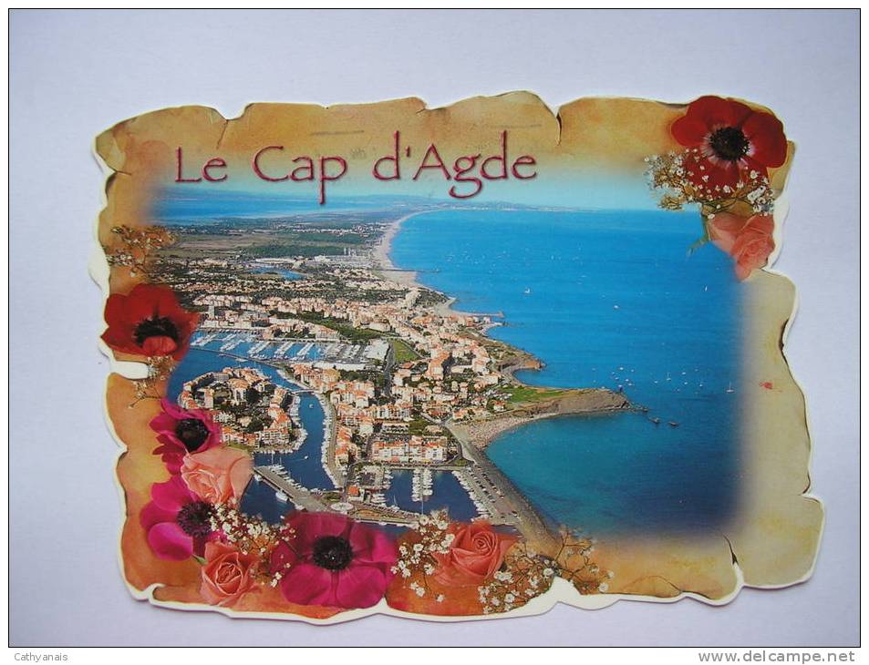 34 - LE CAP D'AGDE * VUE AERIENNE PARMI DES FLEURS *  (HERAULT)  CARTE EN FORME DE PARCHEMIN - Agde