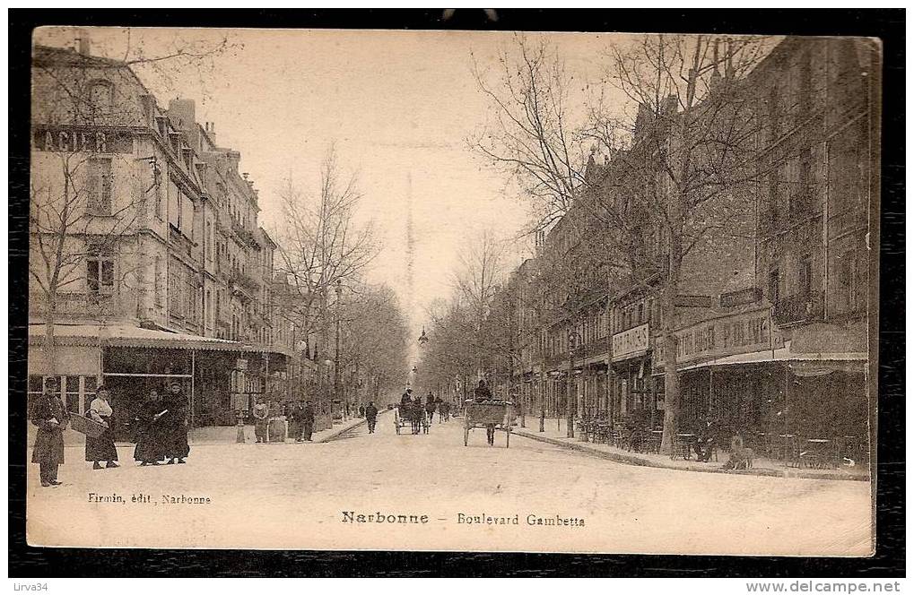 CPA ANCIENNE- FRANCE-  NARBONNE (11) - BOULEVARD GAMBETTA EN HIVER- TRES BELLE ANIMATION- ATTELAGES- COMMERCES - Narbonne